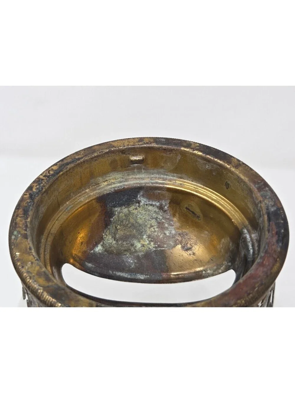 Clear Glass Oil Lamp Chimney With Ornate Brass Tone Pierced Metal Base